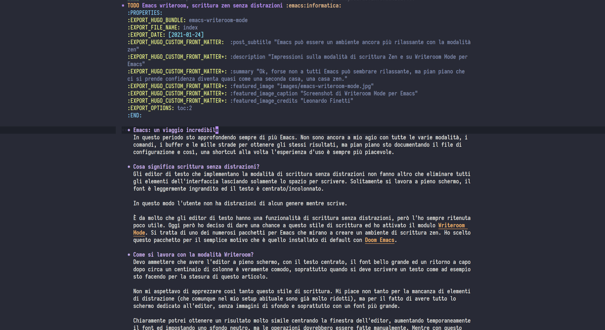 Screenshot di Writeroom Mode per Emacs
