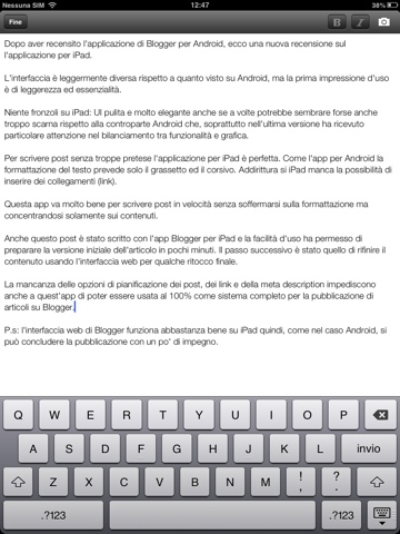 Figura 2: App Blogger per iPad: scrittura post