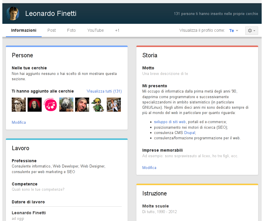 Figura 3: Informazioni profilo Google+ con nuovo layout