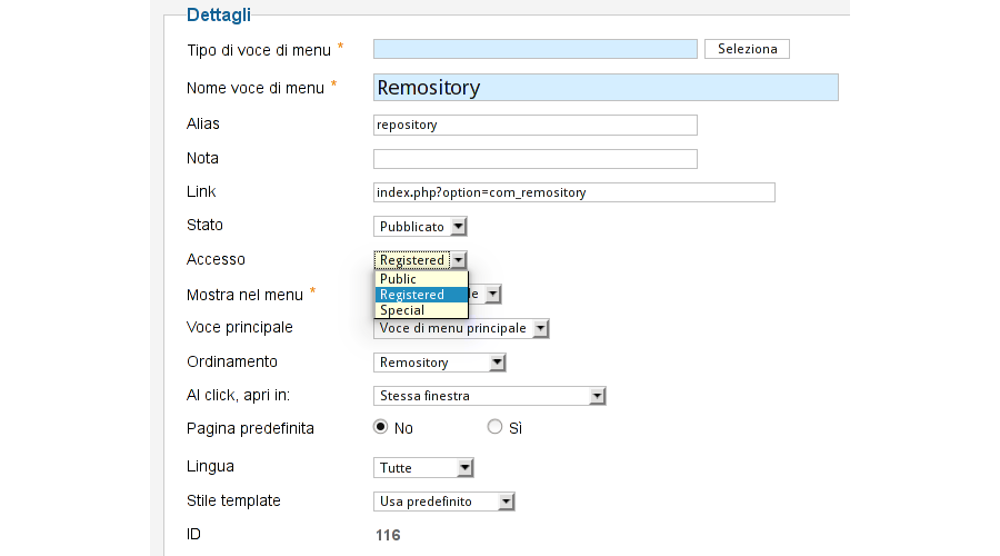 Figura 2: Configurazione menu Joomla per area download riservata agli utenti registrati