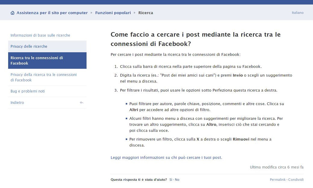 Figura 1: Istruzioni Facebook per cercare un post tra le connessioni.